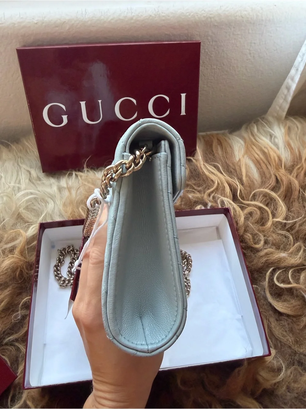 Gucci Pale Blue GG Marmont Quilted Crossbody Wallet
